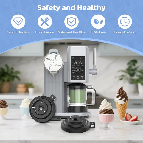 Replacement Outer Bowl Lid For NC700 Series Ice Cream Makers on counter near ice cream and cones in home kitchen setting.