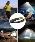 LED Rechargeable Headlamp With 230 Degree Wide Beam And Motion Sensor Five Modes 350 Lumens Lightweight Sweatproof Headlight For Running Camping Fishing Hiking Night Outdoor Gear Black