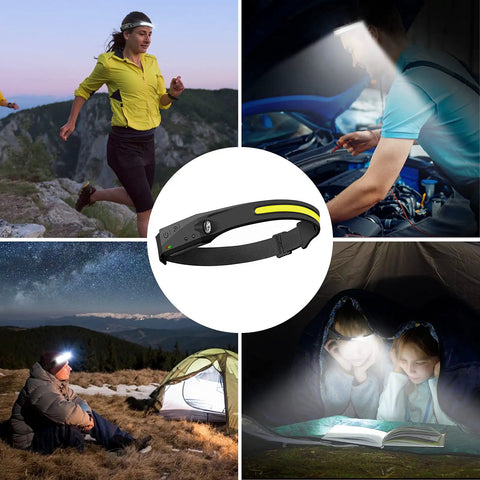 LED Rechargeable Headlamp With 230 Degree Wide Beam And Motion Sensor Five Modes 350 Lumens Lightweight Sweatproof Headlight For Running Camping Fishing Hiking Night Outdoor Gear Black