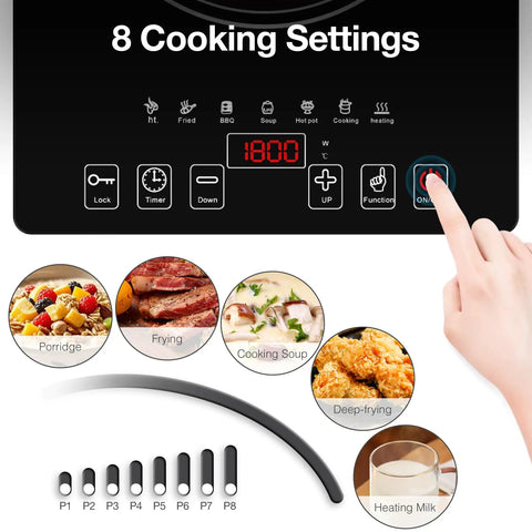 Portable 1800W Electric Cooktop With LED Touch Screen Single Burner Stove showing 8 cooking settings and power levels.