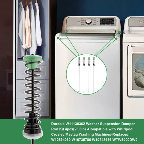 Durable W11130362 Washer Suspension Rod Kit for Whirlpool Maytag, 4 pieces, stabilizes laundry machines during use.