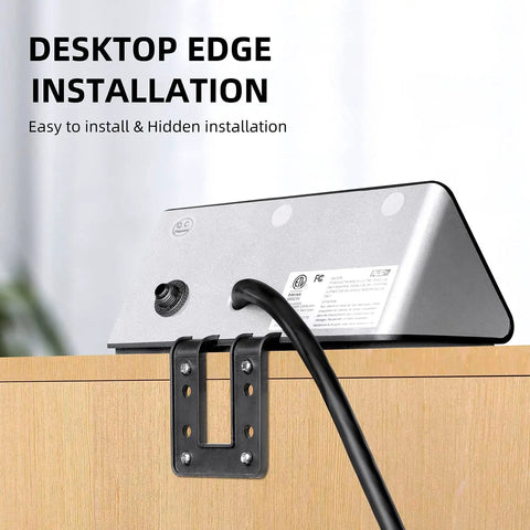 Totally Slick Two Pack Desk Edge Mount Power Strip With Four USB Ports And Three AC Outlets For Home Office Computer Setup Featuring Fast Smart Charging Tech And Reliable Surge Protection In Black, mounted underneath a desk with visible cable.