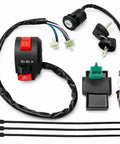 Three Function Left Handlebar Starter Switch Kit With Bolt On Ignition Key Switch Five Pin CDI Box And Spark Plug For 50cc 70cc 90cc 110cc 125cc And 150cc Chinese ATVs Quads Go Karts Dirt Bikes And Scooters, showing components and ties.