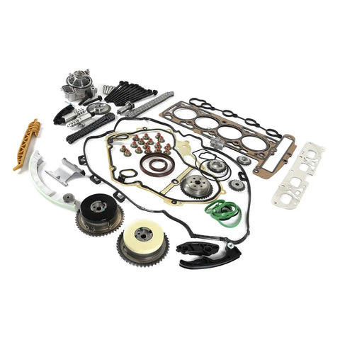 Upgrade Your Ride With This Timing Chain Kit And Head Gasket Bolts Set For Ecotec 2 Point Oh Liter Or 2 Point Four Liter Engines From 2009 To 2016 Models Made Strong With Alloy For Serious Long Life And Low Maintenance Under The Hood Anywhere., timing chain kit, head gasket bolts, Ecotec engine parts laid out on white background