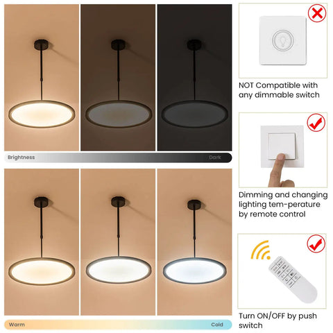Ultra Thin Disc LED Pendant Light 19.7 Inch Modern Chandelier Dimmable Ceiling Fixture for Kitchen Island Dining Room Office and Meeting Space High CRI Over 80 36W Black with brightness and color temperature settings