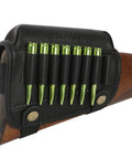 Genuine Leather Buttstock Cheek Rest with Rifle Shell Holder for Up to 8 Shells, elastic straps, and bottom closure detail.