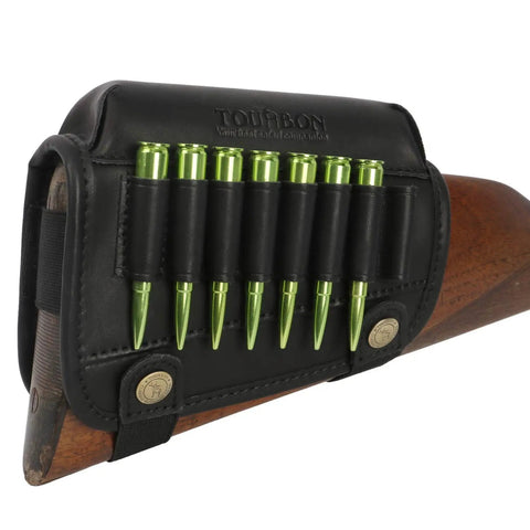 Genuine Leather Buttstock Cheek Rest with Rifle Shell Holder for Up to 8 Shells, elastic straps, and bottom closure detail.