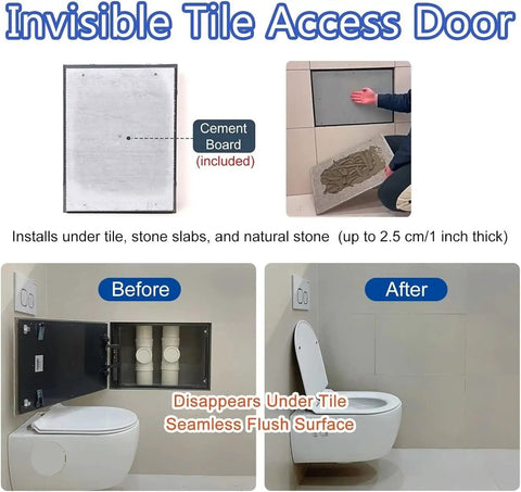 Invisible tile access door with metal access panel for plumbing with hidden magnetic catch tileable design and 19.7 by 11.8 inches fit durable inspection door for no fuss behind wall access and maintenance.