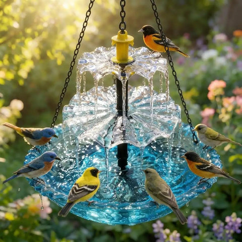 3 Tier Solar Powered Hanging Bird Bath Fountain With Blue Bowl For Hummingbirds in outdoor garden setting