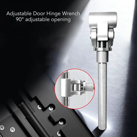 Universal Stainless Steel Door Hinge Adjustment Tool with 90° opening, shown with adjustable jaw for indoor and outdoor use.