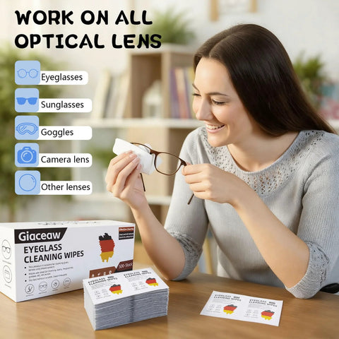 Giaceaw eyeglass cleaning wipes box; 500-count, individually wrapped, front view with woman cleaning glasses.
