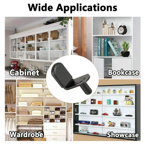 Heavy Duty L Shaped Cabinet Shelf Pins, 5Mm Nickel Plated Steel Support Pegs shown in cabinets, bookcases, and wardrobes.