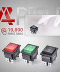 3 Position Rocker Toggle Switch DPDT 6 Pin On Off On Panel Mount For Marine Boat Use 125V AC 20A 250V AC Black Durable Housing With 6 Terminals Ideal For Dash Panels RVs Cars And DIY Electronics, shown in red, green, and black