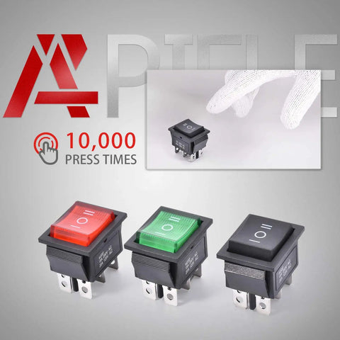 3 Position Rocker Toggle Switch DPDT 6 Pin On Off On Panel Mount For Marine Boat Use 125V AC 20A 250V AC Black Durable Housing With 6 Terminals Ideal For Dash Panels RVs Cars And DIY Electronics, shown in red, green, and black