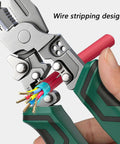 Premium Rigid Solid Steel Wire Stripper Tool With Built In Voltage Tester gripping insulated wire, close up on cutting jaws.