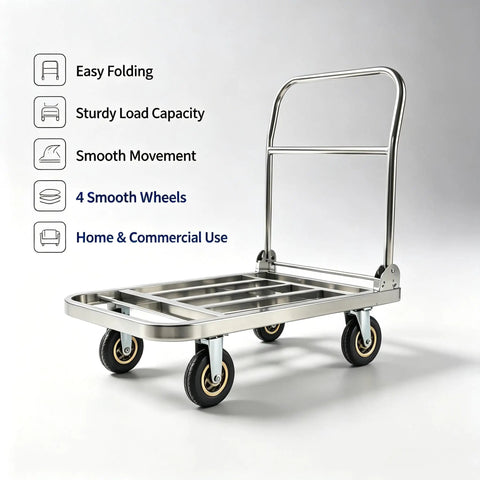 Heavy Duty Foldable Platform Hand Truck With 304 Stainless Steel Frame For Heavy Lifting At The Warehouse Or Garage, Portable Dolly Cart That Rolls Smooth, Rust Proof Scratch Resistant, Space Saving Design, Durable Load Capacity, 4 wheels