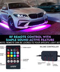 Car with double row RGB LED underglow light kit, showing Bluetooth app control and wireless remote functionality.