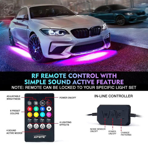 Car with double row RGB LED underglow light kit, showing Bluetooth app control and wireless remote functionality.