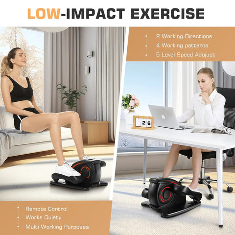 Women using Under Desk Elliptical Machine With LCD Display Electric Seated Pedal Exerciser Portable Quiet Mini at home and office