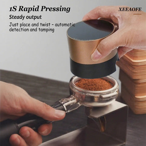 Next Level Electric Coffee Distributor And Tamper Tool With Rock Solid Precision For 58mm Portafilter Baskets, hand pressing coffee grounds.