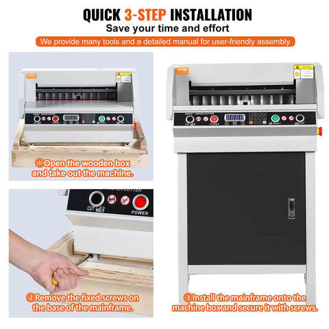 VEVOR Heavy Duty Electric Hydraulic Paper Cutter 18 Inch Cutting Width With Four Inch Thick Capacity Industrial Paper Trimmer Machine installation guide with steps.