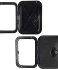 Heavy Duty Black Marine Boat Deck Access Hatch Cover With UV Stabilized ABS Lid And Low Profile Base, open and closed views.