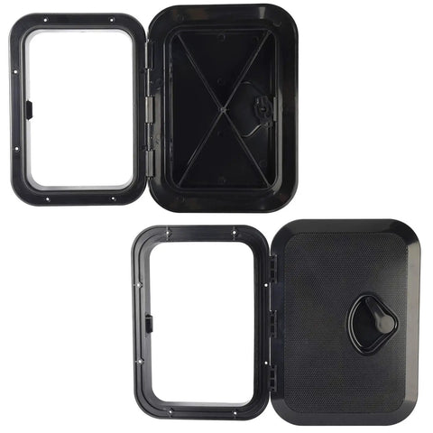 Heavy Duty Black Marine Boat Deck Access Hatch Cover With UV Stabilized ABS Lid And Low Profile Base, open and closed views.