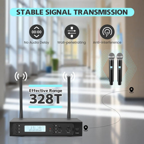 Wireless Microphone System With Two Handheld Mics 100 Channels Each 328 Ft UHF Range Stable Signal Transmission Auto Scan
