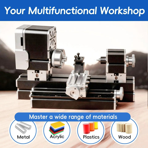 Zhrui All-Metal Mini Lathe 50mm Capacity, 20k RPM High Speed Precision Engine, designed for turning metal, acrylic, plastics, and wood.