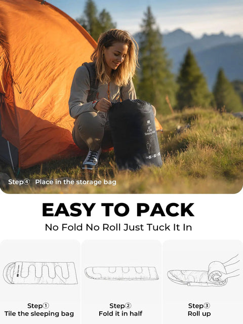Woman packing Lightweight 3lb Backpacking Sleeping Bag For Adults And Kids With Compression Sack at a campsite next to a tent.