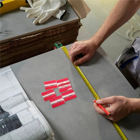 Measuring table next to Six Pack Self Adhesive Transparent Piano Hinges 45mm for DIY crafting and assembly projects.