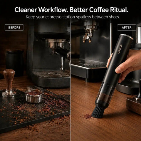 Before and after cleaning with Rechargeable Mini Coffee Grinder Vacuum Cleaner With 4 Attachments on espresso machine station.