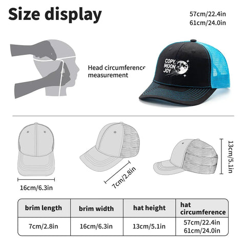 Dope Mens Trucker Cap Lake Blue Vintage Style Adjustable Buckle One Size Fits Most diagram with size chart and measurements