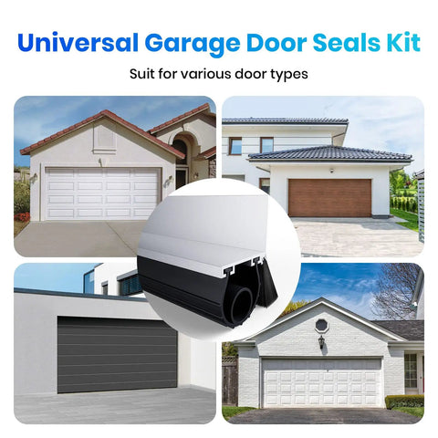 Universal garage door seal kits for diverse house types, showing different garages with steel, wood, aluminum doors