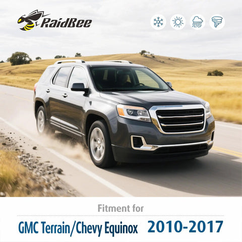 Premium Quality Windshield Wiper Blades For GMC Terrain And Chevy Equinox Models 2010 To 2017 on a crossover driving on a road.