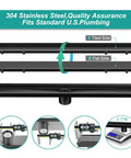 24 Inch Linear Shower Drain With 2 In 1 Flat And Tile Insert Matte Black Brushed 304 Stainless Steel Rectangle Shower Floor Drain Adjustable Easy Install Rust Resistant Premium Finish For Lasting Shower Renovation Built To Last And Leak Proof Performance showing dual sides and dimensions
