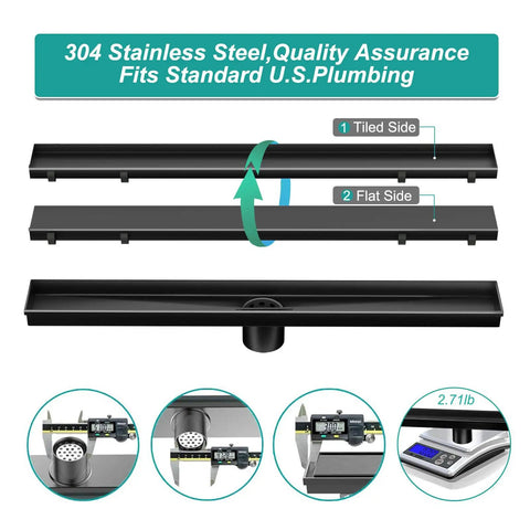 24 Inch Linear Shower Drain With 2 In 1 Flat And Tile Insert Matte Black Brushed 304 Stainless Steel Rectangle Shower Floor Drain Adjustable Easy Install Rust Resistant Premium Finish For Lasting Shower Renovation Built To Last And Leak Proof Performance showing dual sides and dimensions