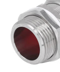 Front view of a 304 stainless steel explosion-proof cable gland connector with threading and red sealing insert.
