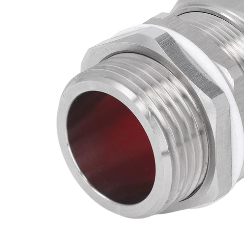 Front view of a 304 stainless steel explosion-proof cable gland connector with threading and red sealing insert.