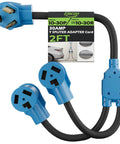 Heavy Duty 30 Amp Y Splitter Adapter Cord With Nema 10 To Dual 30 R Plugs For Level 2 EV Charging And Dryer Outlet Power Extension showing blue plugs and 2-foot cable.