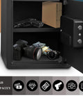 Home Security Safe With Programmable Keypad, Steel Lock Box With Alarm System open showing stored valuables, 1.2 cubic feet