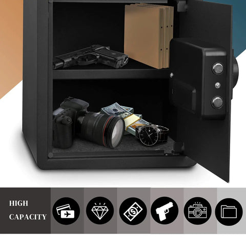 Home Security Safe With Programmable Keypad, Steel Lock Box With Alarm System open showing stored valuables, 1.2 cubic feet