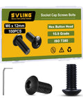 M6 X 12Mm Socket Cap Screws 100 Pack 10 Point 9 Grade Alloy Steel Kick Ass Strength Built Tough Black Oxide Coating Full Thread Hex Drive Wrench Included Top Shelf Hardware For Daily Grind Projects in a transparent case with hex wrench.