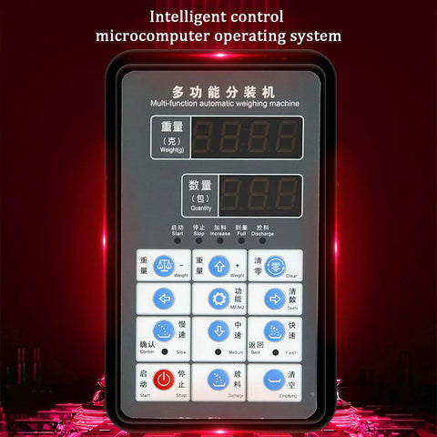 Hassle Free Automatic Powder And Granule Filling Machine With Smart Controls display panel showing weight and quantity settings.