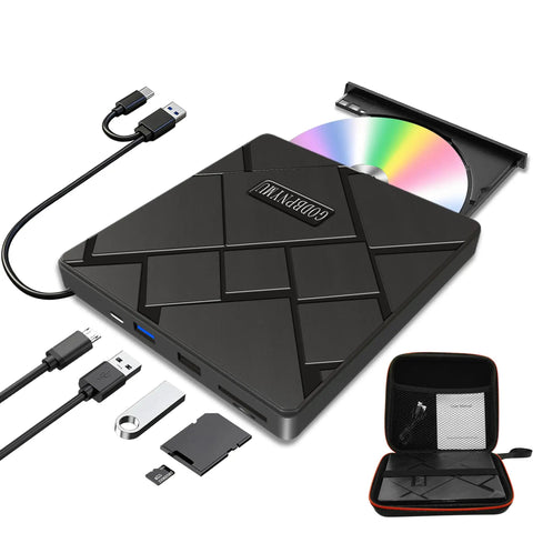 5 In 1 External CD DVD Drive For Laptops With USB C And USB 3 Burn CDs And Play DVDs Read Discs Fast And Quiet Plug And Play Across Windows MacOS And Linux Portable Lightweight, black external drive with USB-C and USB-A cables