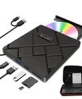 5 In 1 External CD DVD Drive For Laptops With USB C And USB 3 Burn CDs And Play DVDs Read Discs Fast And Quiet Plug And Play Across Windows MacOS And Linux Portable Lightweight black USB-C external CD DVD drive with cables, case, and disc