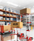 Premium 400 Pound Capacity Manual Material Lift Winch Stacker with boxes in a warehouse, showcasing 122 inch height and compact design.