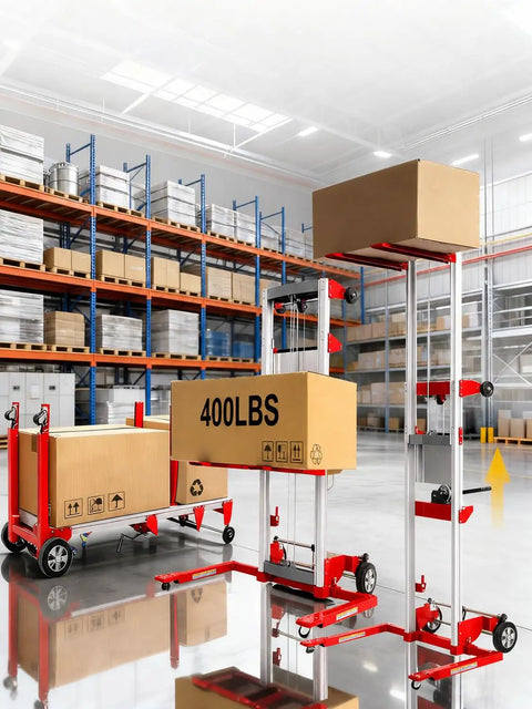 Premium 400 Pound Capacity Manual Material Lift Winch Stacker with boxes in a warehouse, showcasing 122 inch height and compact design.