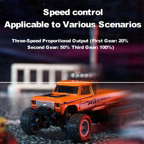 Orange One Sixty Fourth Scale Mini Remote Control Monster Truck With Trailer, Dual 2.4GHz, app control, LED lights in action