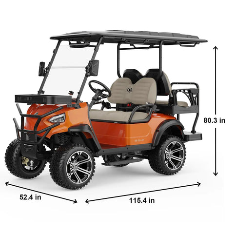 Heavy Duty Four Passenger Electric Shuttle Golf Cart With Ip67 Waterproof Frame, vivid orange, dimensions 52.4 x 115.4 x 80.3 in.